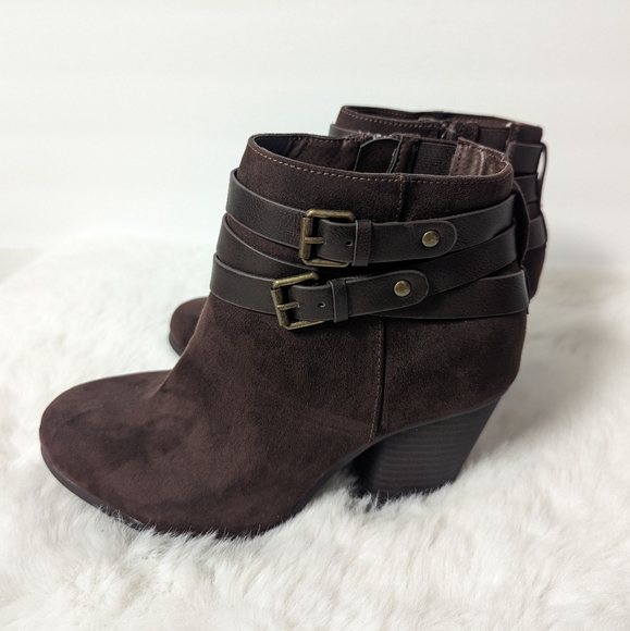 Torrid Extra Wide Width Brown Faux Suede Buckle Heel Booties - Picture 3 of 9